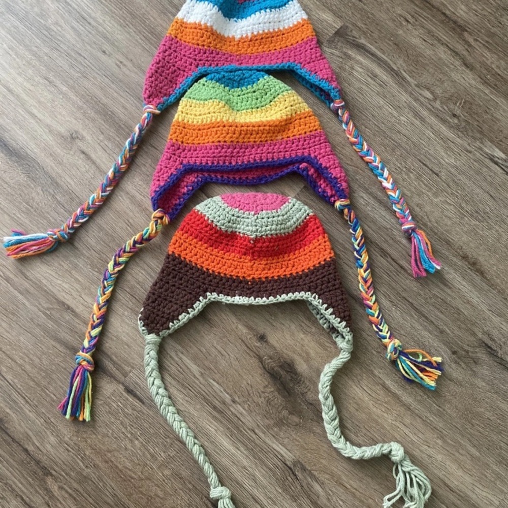 Handmade Multicolor Crochet Earflap Kids Hat - Rainbow Stripes
